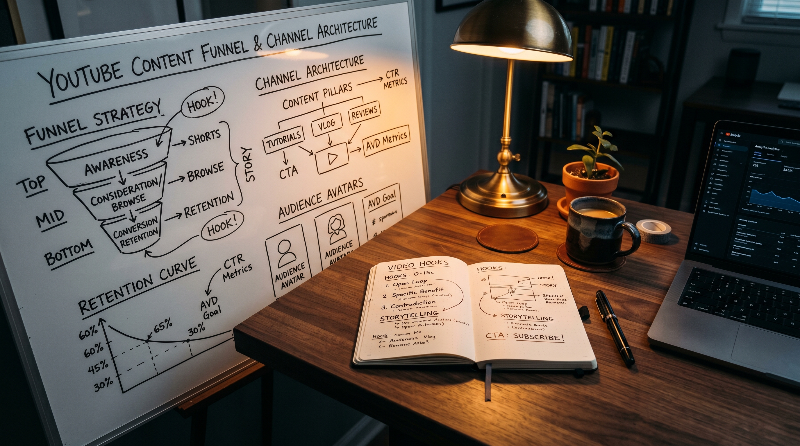 A strategy planning workspace with hand-drawn channel architecture diagrams